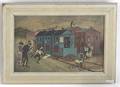 American oil on canvas Darktown Trolley folk art landscape 20th c