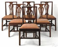 Set of 6 Virginia Chippendale mahogany dining chairs ca 1790 with straight molded crests over pierced splats and trapazoidal seat frames resting on square legs with beaded edge joined by stretchers