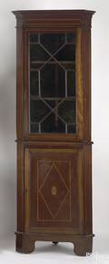 George III mahogany inlaid 2piece corner cupboard ca 1800
