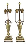 A Pair of Continental Gilt Metal Mounted Onyx Table Lamps