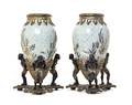 A Pair of Continental Gilt Bronze Mounted Majolica Vases
