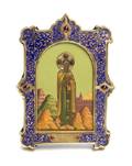 A Russian Enameled Gilt Silver and Stone Inset Oklad Icon