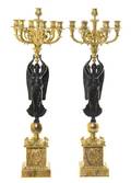 A Pair of Empire Style Gilt and Patinated Bronze Figural Candelabra