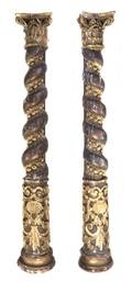 A Pair of Continental Painted and Parcel Gilt Solomonic Columns