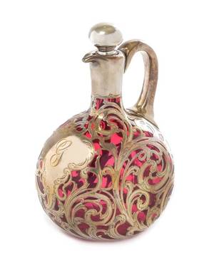 An Art Nouveau Silver Overlay Glass Cruet