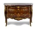 A Louis XV Style Gilt Bronze Mounted Marquetry Bombe Commode