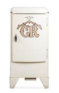 A Vintage White Refrigerator with Caribou Ranch Logo