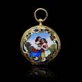A Yellow Gold Polychrome Enamel Key Wound Hunter Case Pocket Watch Blondel  Melly