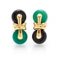 A Pair of 18 Karat Yellow Gold Onyx and Dyed green Chalcedony Earclips Marina B