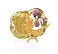 An Art Nouveau 14 Karat Gold Polychrome Enamel and Diamond Brooch