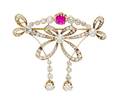 An Antique Gold Diamond and Synthetic Ruby PendantBrooch