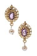 A Pair of 14 Karat Yellow Gold Amethyst and Cultured Pearl Earrings