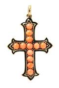A Yellow Gold Enamel and Coral Cross Pendant