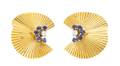 A Pair of Retro 18 Karat Yellow Gold Diamond and Sapphire Earclips