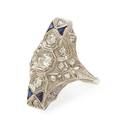 An Art Deco Platinum 14 Karat White Gold Diamond and Synthetic Sapphire Ring