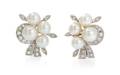 A Pair of White Gold Diamond and Pearl Earclips