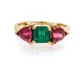 A 14 Karat Yellow Gold Emerald and Pink Tourmaline Ring