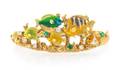An 18 Karat Yellow Gold Polychrome Enamel Diamond and Emerald Tropical Motif Bangle Bracelet Kabana