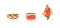 A Collection of Yellow Gold Coral and Diamond Rings