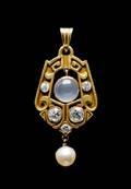 An Arts and Crafts Yellow Gold Moonstone Diamond and Pearl Pendant