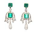 A Pair of Edwardian Yellow Gold Platinum Emerald and Diamond Earrings