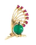 A 14 Karat Yellow Gold Chalcedony Ruby and Sapphire Brooch Tiffany  Co