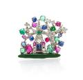 A Platinum Diamond Enamel and Multi Gem Pin Raymond Yard