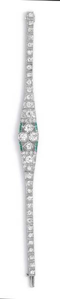 An Art Deco Platinum Diamond and Simulated Emerald Bracelet
