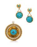 A Victorian Yellow Gold Turquoise Diamond and Enamel Brooch with Later Yellow Gold and Turquoise Earrings