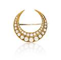 A Victorian Yellow Gold Seed Pearl and Diamond Crescent PendantBrooch