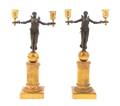 A Pair of Empire Gilt and Patinated Bronze TwoLight Candelabra