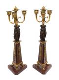 A Pair of Empire Gilt and Patinated Bronze ThreeLight Candelabra