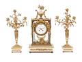 A Louis XVI Style Gilt Bronze and Marble Clock Garniture