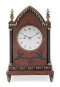 An English Brass and Ebony Inlaid Burlwood Mantel Clock