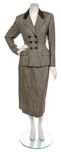 A Hardy Amies Brown and Ivory Wool Houndstooth Skirt Suit