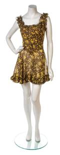 A Betsey Johnson Brown and Marigold Flower Cotton Print Mini Dress