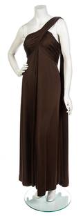 An Estevez Brown Jersey Single Shoulder Gown