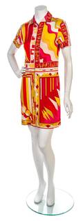 An Emilio Pucci Red and Yellow Print Silk Knit Jersey Shirt Dress