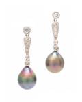A Pair of White Gold Cultured Tahitian Pearl and Diamond Drop Earrings