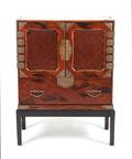 A Japanese Lacquered and Marquetry Inlaid Cabinet on Stand