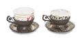 A Pair of Filigree Cups and Saucers with Porcelain Liners