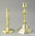 Two Queen Anne brass candlesticks mid 18th c