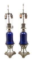 A Pair of Continental Gilt Metal and Porcelain Oil Lamp Bases