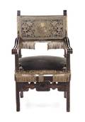 An Italian Walnut Metallic Thread and Velvet Embroidered Open Armchair