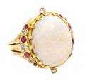 An 18 Karat Yellow Gold Opal Diamond and Ruby Ring