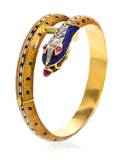 A 21 Karat Yellow Gold Diamond Synthetic Ruby and Polychrome Enamel Snake Motif Bangle Bracelet