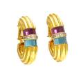 A Pair of 14 Karat Yellow Gold Amethyst Aquamarine and Diamond Hoop Earclips Scott Katz