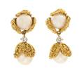 A Pair of 18 Karat Yellow Gold Cultured Pearl and Diamond Earrings