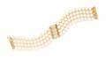 A Yellow Gold Diamond and Cultured Pearl Multistrand Bracelet