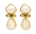 A Pair of 14 Karat Yellow Gold Cultured Mabe Pearl Emerald and Ruby Earclips